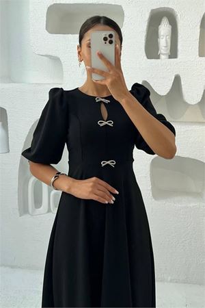 Neşeli butik kadın kurdele detaylı midi boy balon kol elbise NBMY3578