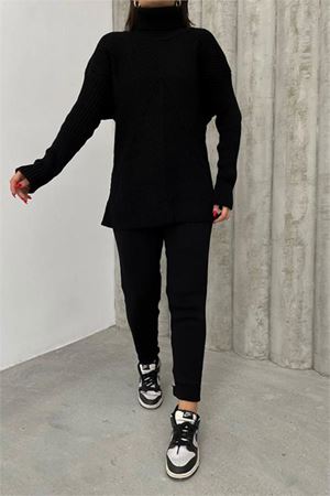 Neşeli butik kadın siyah fitilli balıkçı yaka alt üst triko takım NBDM1215