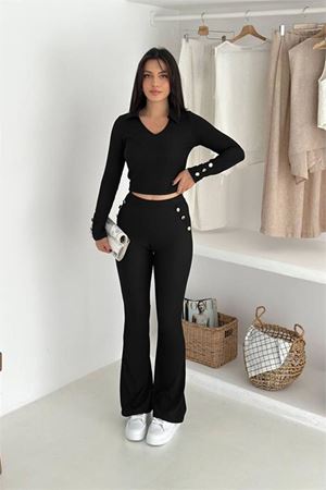 Neşeli butik kadın polo yaka düğme detaylı takım NBK4322