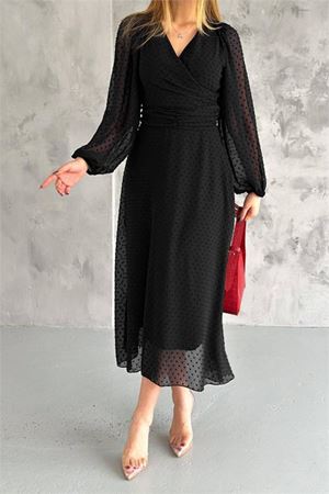 Neşeli butik kadın kemer detaylı astarlı ponpon şifon elbise NBKKLF2052