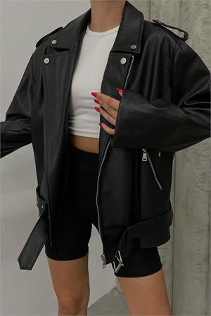 Neşeli butik kadın siyah oversize deri mont NBDM5017