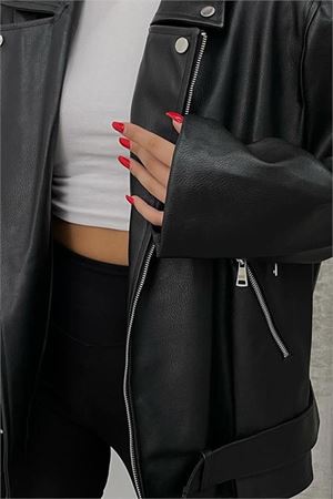 Neşeli butik kadın siyah oversize deri mont NBDM5017