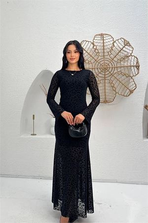 Neşeli butik kadın siyah astarlı tam boy flok baskılı uzun kollu tül elbise