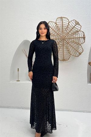Neşeli butik kadın siyah astarlı tam boy flok baskılı uzun kollu tül elbise