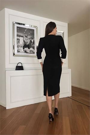 Neşeli butik kadın düğme detaylı tüvit kumaş tasarım elbise NBNC3042