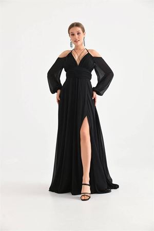 Neşeli butik kadın siyah yırtmaç detaylı şifon abiye elbise NBSWLL13