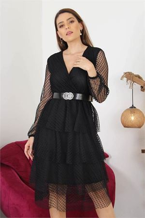 Neşeli butik kadın kemerli eteği kat kat yeni sezon tül elbise NB10006