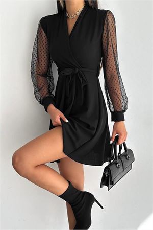 Neşeli butik kadın siyah bağlama detaylı tül detaylı kloş elbise KKLF33