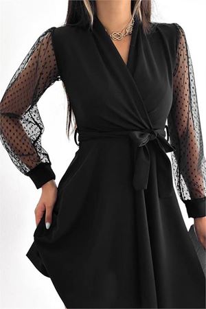 Neşeli butik kadın siyah bağlama detaylı tül detaylı kloş elbise KKLF33