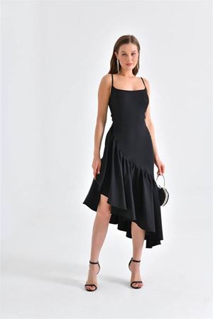 Neşeli butik kadın siyah askılı asimetrik abiye elbise NBSWLL11
