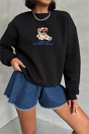 Neşeli butik kadın siyah içi pamuklu nakış detaylı sweat NBG035
