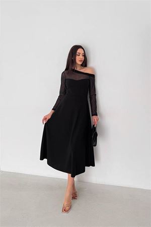 Neşeli butik kadın siyah transparan detaylı tek omuz uzun kollu midi boy elbise