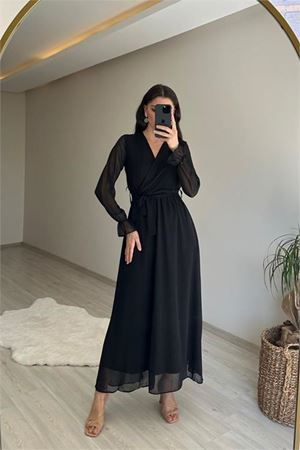 Neşeli butik kadın uzun kollu kuşaklı maxi şifon elbise NM001