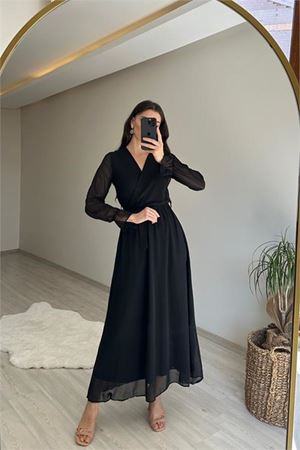 Neşeli butik kadın uzun kollu kuşaklı maxi şifon elbise NM001