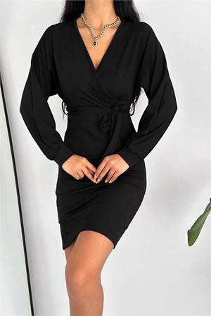 Neşeli butik kadın kuşaklı kruvaze yaka örme elbise KKLF47