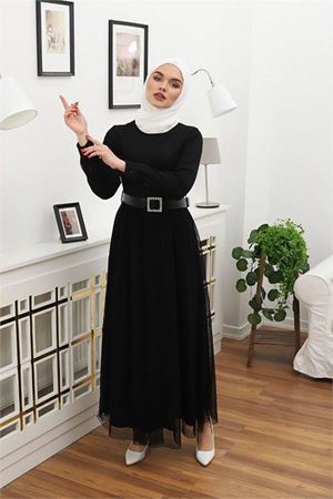 Neşeli butik kadın tül kemerli tesettür elbise RSSN45 - Siyah