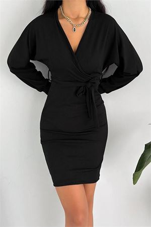 Neşeli butik kadın kuşaklı kruvaze yaka örme elbise KKLF47