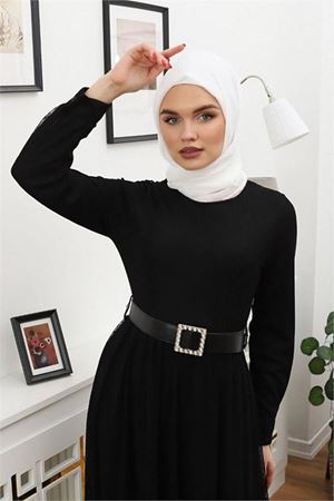 Neşeli butik kadın tül kemerli tesettür elbise RSSN45 - Siyah