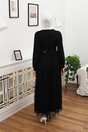 Neşeli butik kadın tül kemerli tesettür elbise RSSN45 - Siyah