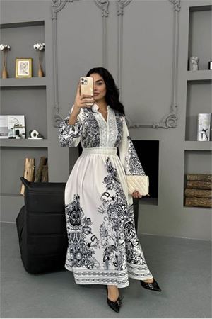 Neşeli butik kadın siyah güpür detaylı atlas kumaş desenli ithal elbise NBMS25109