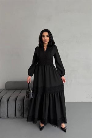 Neşeli butik kadın atlas kumaş dantel detaylı elbise NBMS2517