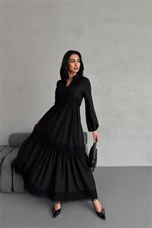 Neşeli butik kadın atlas kumaş dantel detaylı elbise NBMS2517