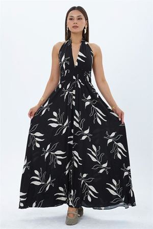 Neşeli butik kadın siyah halter yaka sırt dekolteli maxi boy elbise NBMY4121