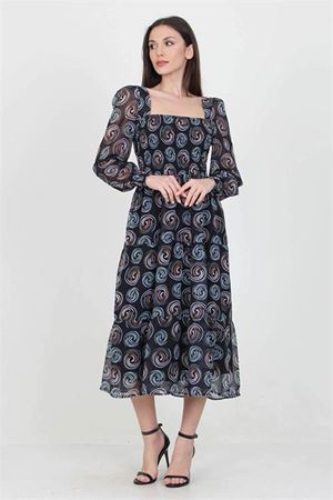 Neşeli butik siyah kadın siyah gipeli kare yaka desenli şifon elbise NB100361