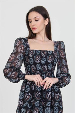 Neşeli butik siyah kadın siyah gipeli kare yaka desenli şifon elbise NB100361