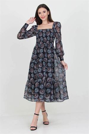 Neşeli butik siyah kadın siyah gipeli kare yaka desenli şifon elbise NB100361