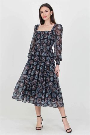 Neşeli butik siyah kadın siyah gipeli kare yaka desenli şifon elbise NB100361