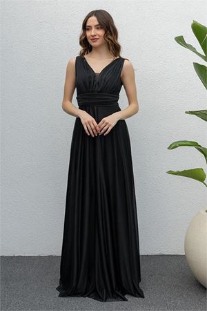 Neşeli butik kadın siyah drapeli tül abiye elbise NB2030