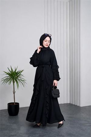 Neşeli butik kadın siyah fırfırlı kuşak detaylı yazlık premium tesettür elbise --- NBVQ3150