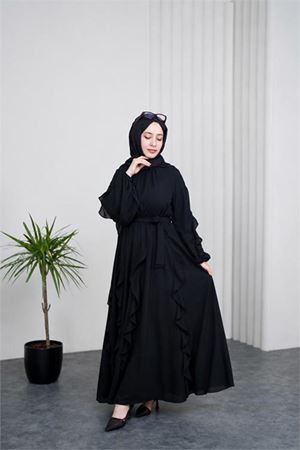 Neşeli butik kadın siyah fırfırlı kuşak detaylı yazlık premium tesettür elbise --- NBVQ3150