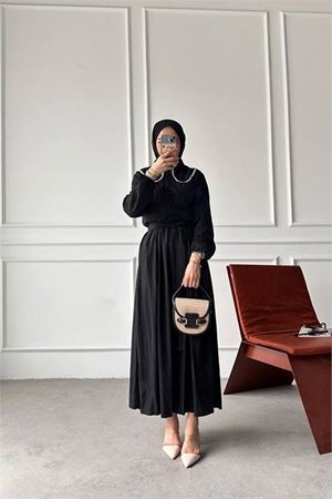 Neşeli butik kadın siyah fırfırlı yaka astarlı tesettür elbise NMS062