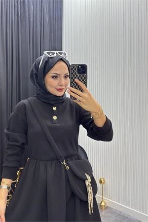 Neşeli butik kadın siyah gold düğmeli çanta detaylı tam boy tesettür elbise NMS077