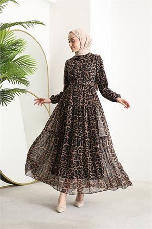 Neşeli butik kadın kemerli leopar desenli tesettür şifon elbise SMS014