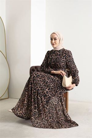 Neşeli butik kadın kemerli leopar desenli tesettür şifon elbise SMS014
