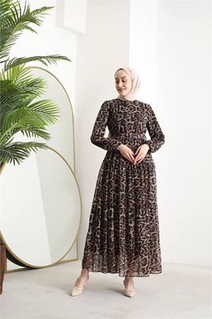 Neşeli butik kadın kemerli leopar desenli tesettür şifon elbise SMS014