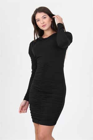 Neşeli butik kadın siyah yeni sezon önü büzgülü mini elbise SHNZ26