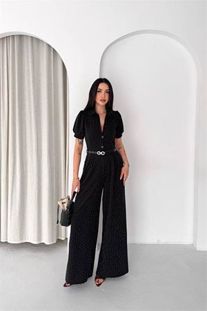 Neşeli butik kadın siyah kemer detaylı tam boy taşlı gömlek yaka tulum NBK4592