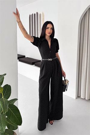 Neşeli butik kadın siyah kemer detaylı tam boy taşlı gömlek yaka tulum NBK4592