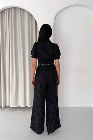 Neşeli butik kadın siyah kemer detaylı tam boy taşlı gömlek yaka tulum NBK4592