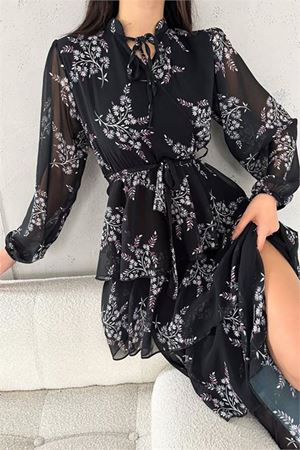 Neşeli butik kadın astarlı eteği kat kat desenli şifon elbise NBKKLF2036