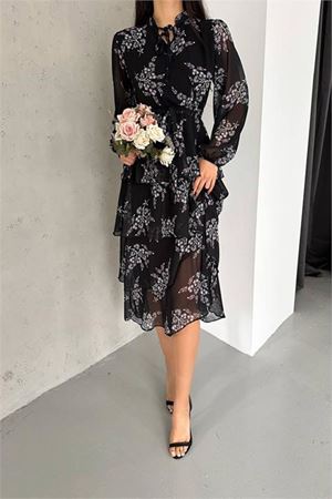 Neşeli butik kadın astarlı eteği kat kat desenli şifon elbise NBKKLF2036