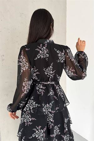 Neşeli butik kadın astarlı eteği kat kat desenli şifon elbise NBKKLF2036