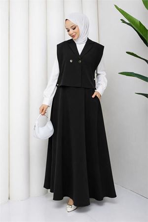 Neşeli butik kadın siyah düğme detaylı yelek bluz etek üçlü tesettür takım NBFT007