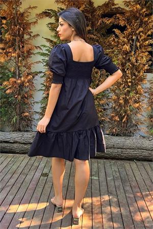 Neşeli butik kadın siyah yeni sezon eteği fırfırlı kare yaka kısa elbise SNP008