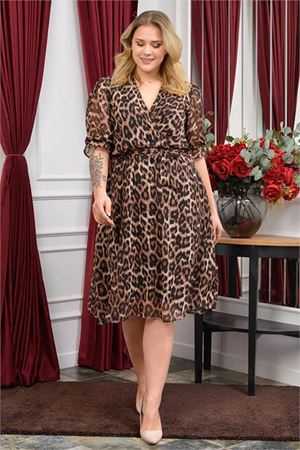 Neşeli butik kadın yeni sezon leopar desenli büyük beden şifon elbise RY80622