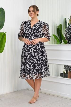 Neşeli butik kadın büyük beden desenli şifon elbise NB8063 - Siyah